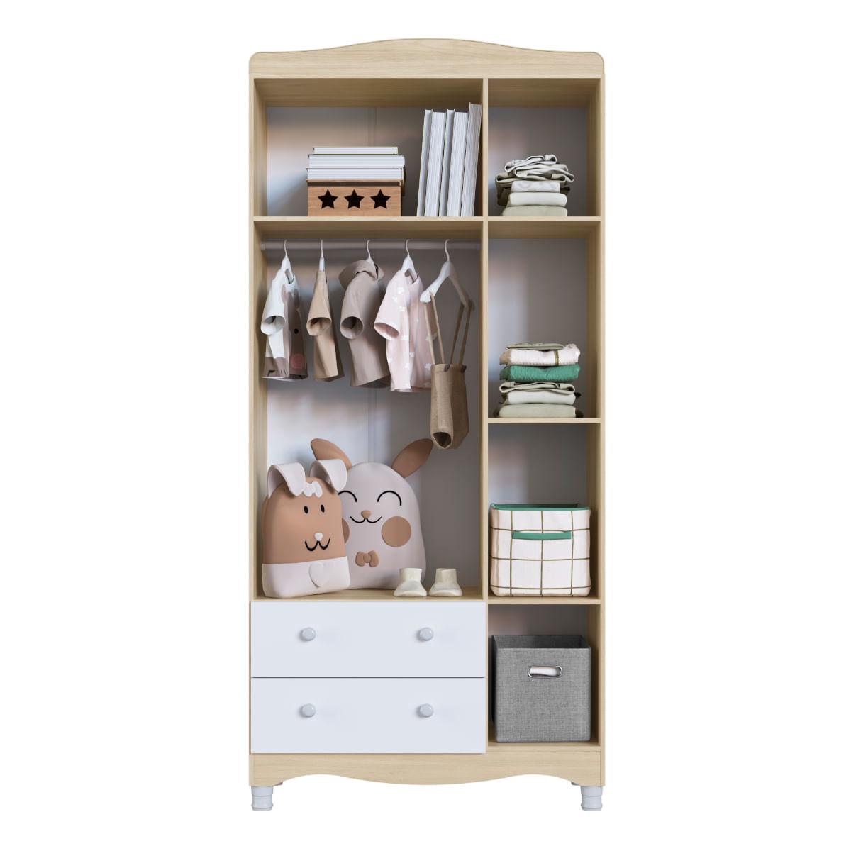 Guarda Roupas Infantil 3 Portas e 2 Gavetas 91x40x198 cm Branco e Carvalho Completa Móveis