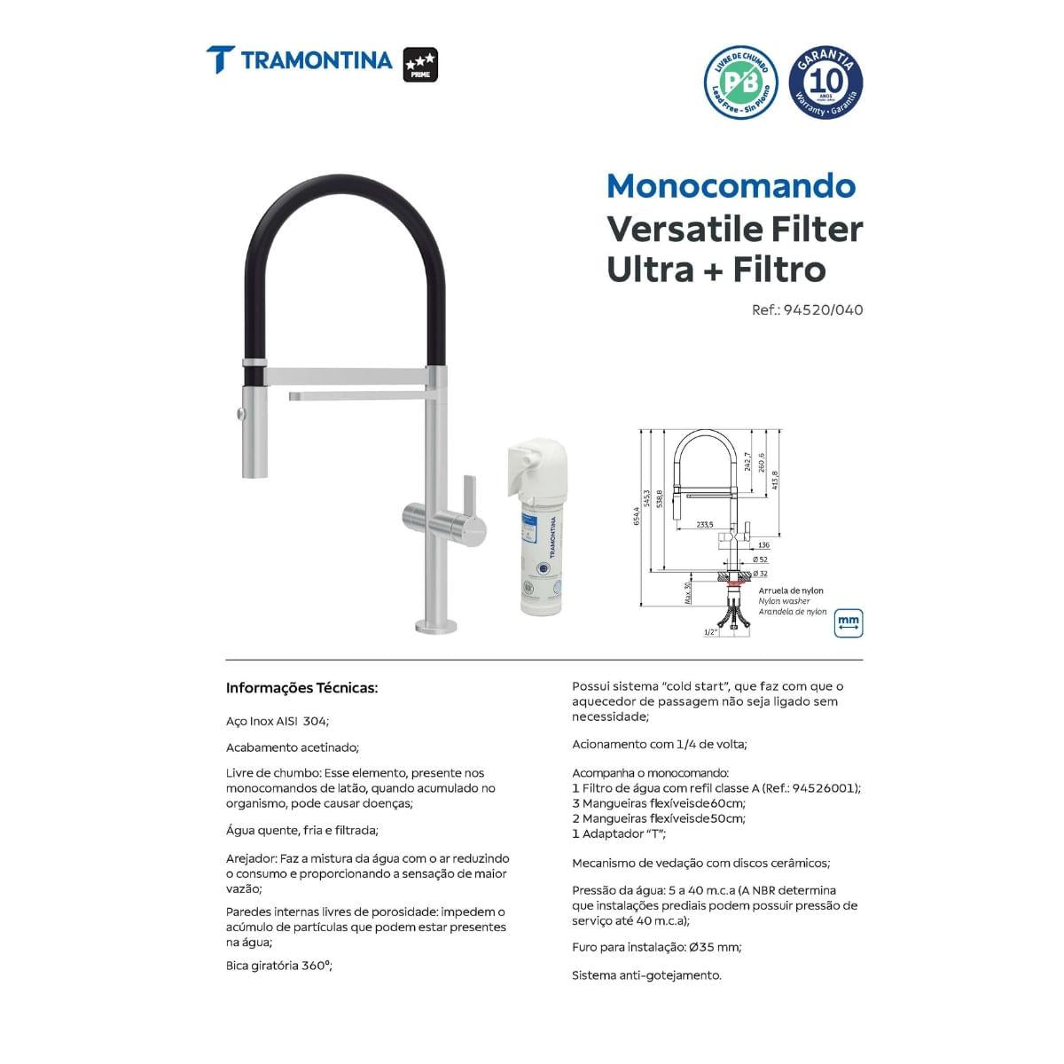Monocomando para Cozinha Tramontina Versatile Filter Ultra com Filtro de Água