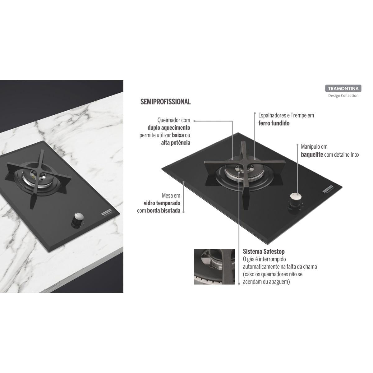 Cooktop a Gás Tramontina Dominó Glass Flat 1GG 38 Safestop em Vidro Temperado Preto e Trempes em Ferro Fundido