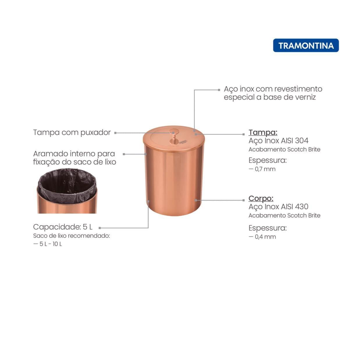 Lixeira Tramontina Útil Rose Gold 5 Litros OUTLET