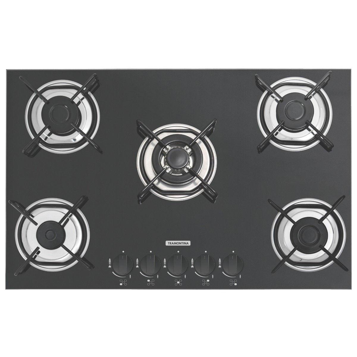 Cooktop a Gás Tramontina Brasil 5 Queimadores Vidro Preto Bivolt 70 x 45 cm Tripla Chama