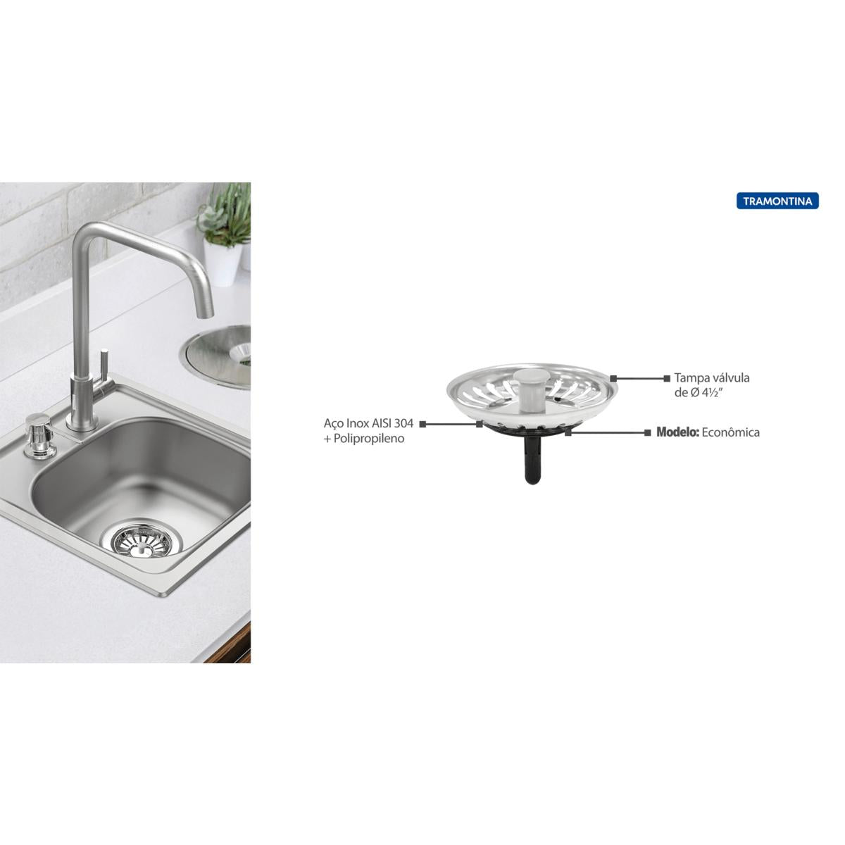 Tampa de Válvula Tramontina Econômica para Pias e Cubas 4 1/2" em Aço Inox e Polipropileno 94510011