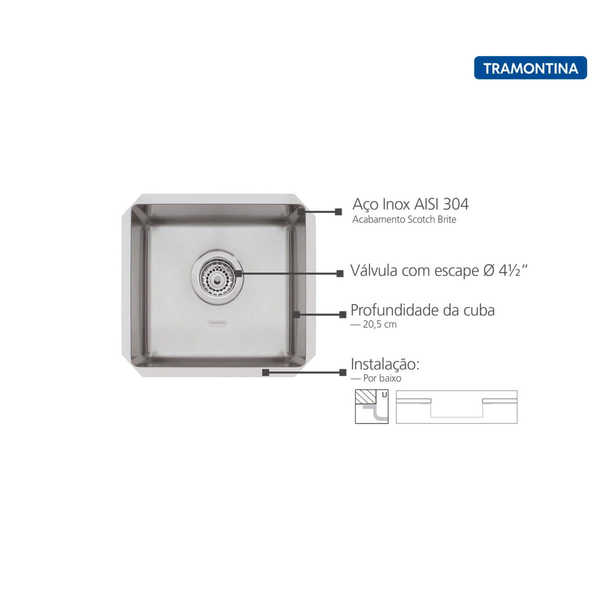 Cuba de Embutir Quadrum Auxiliar 34 Undermount Tramontina 34 x 30 x 17 cm em Aço Inox Scotch Brite OUTLET