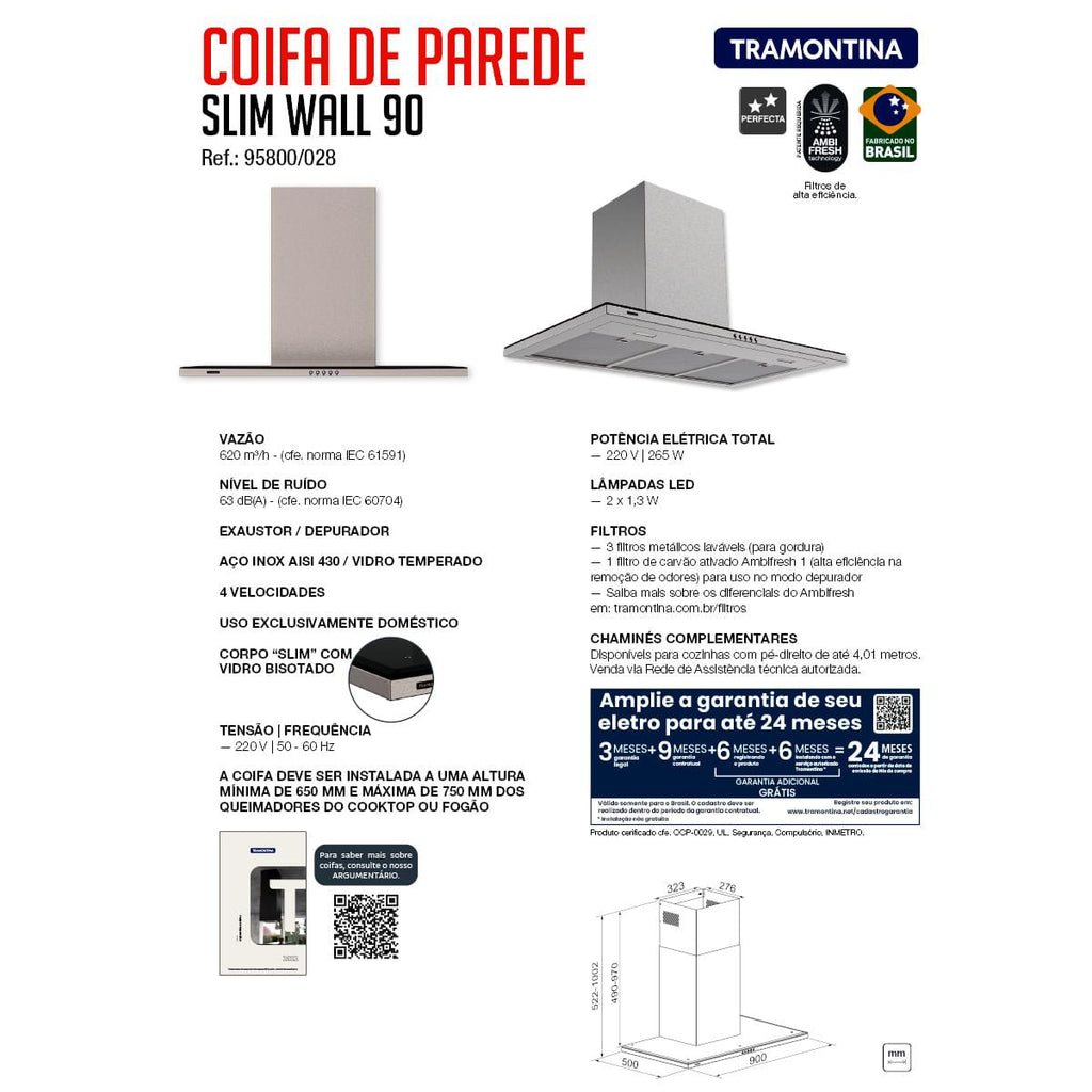Coifa de Parede Tramontina Slim Wall 90 cm em Aço Inox 220V