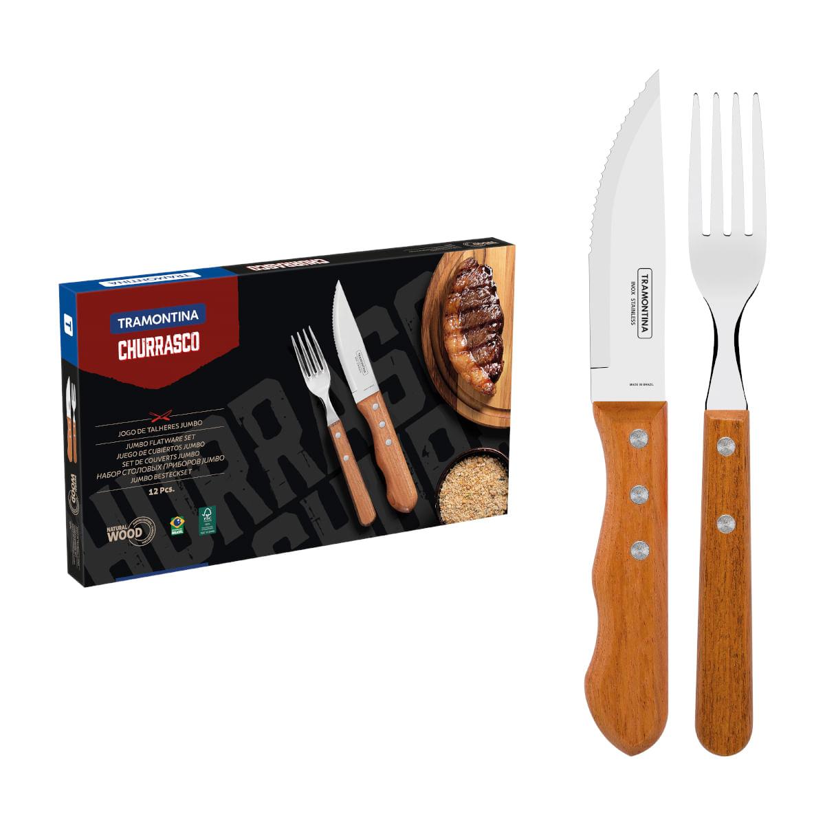 Jogo de Talheres para Churrasco em Aço Inox e Madeira 12 Peças Tramontina