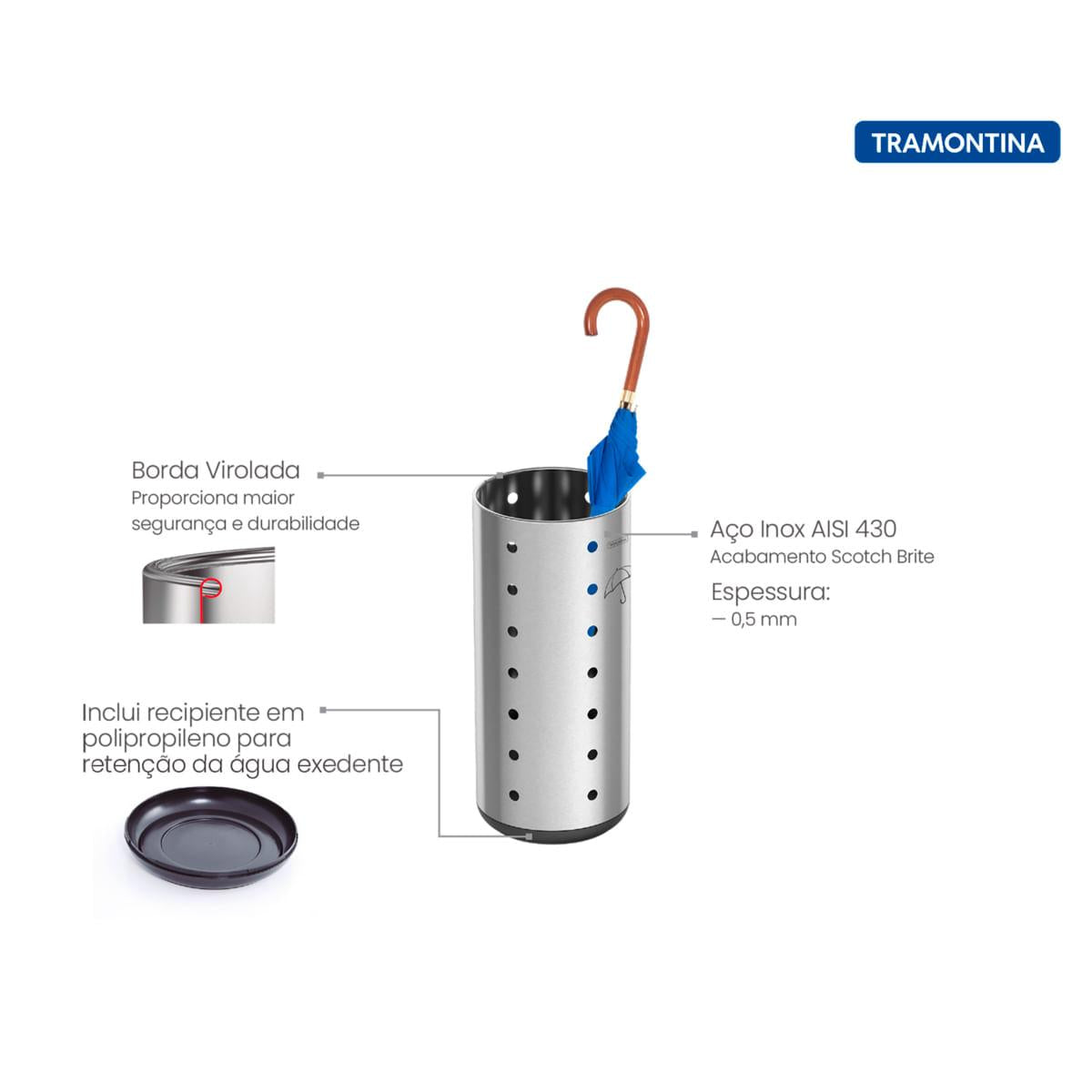 Porta Guarda-Chuva Tramontina Cápsula Dry em Aço Inox Scotch Brite e Base em Polipropileno 15 Litros