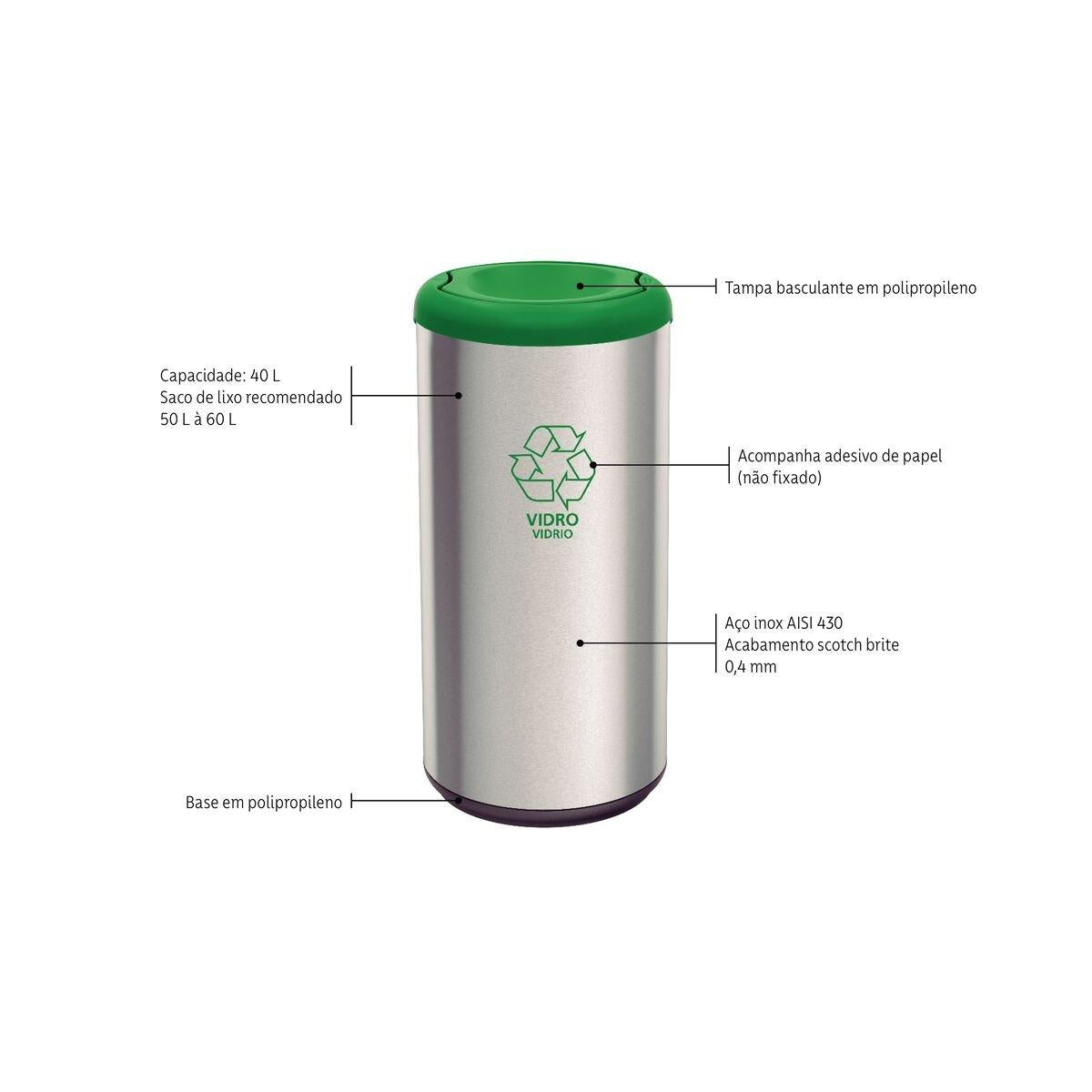 Lixeira Inox Tramontina Piemonte 40 Litros Acetinado Tampa Basculante Verde