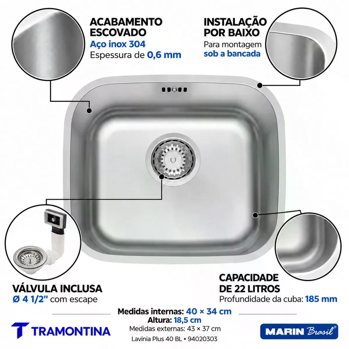 Cuba Tramontina Lavínia Plus 40 BL Inox Escovado 40 x 34 cm Válvula 4 1/2 pol com Escape