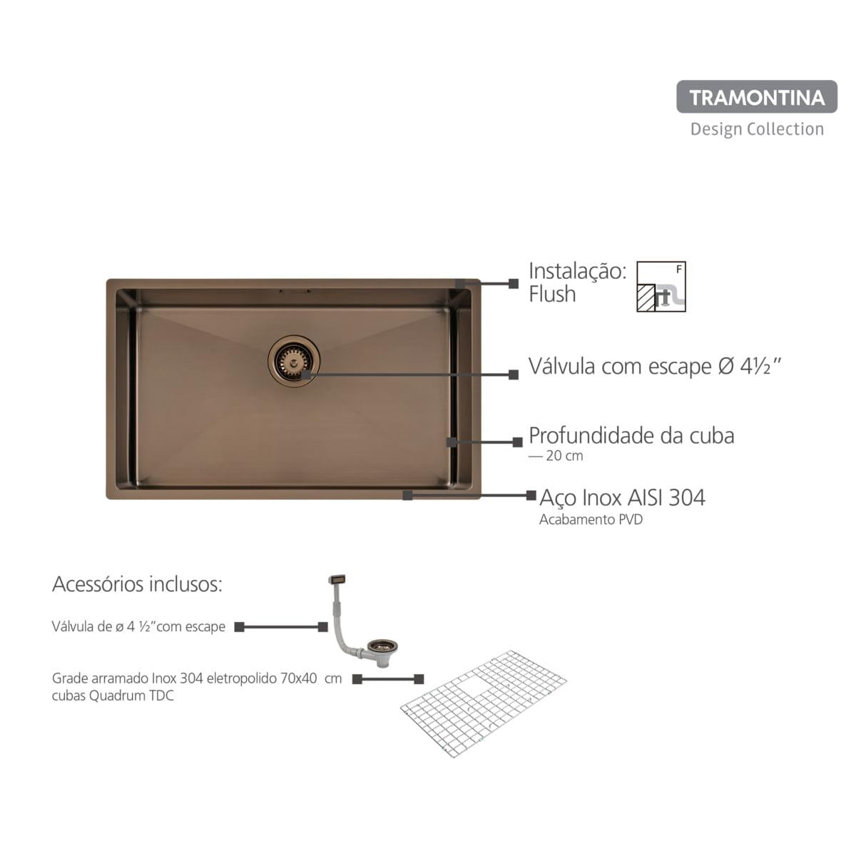 Cuba Tramontina Quadrum 70 em Aço Inox com Revestimento PVD Black 70 x 40 cm OUTLET