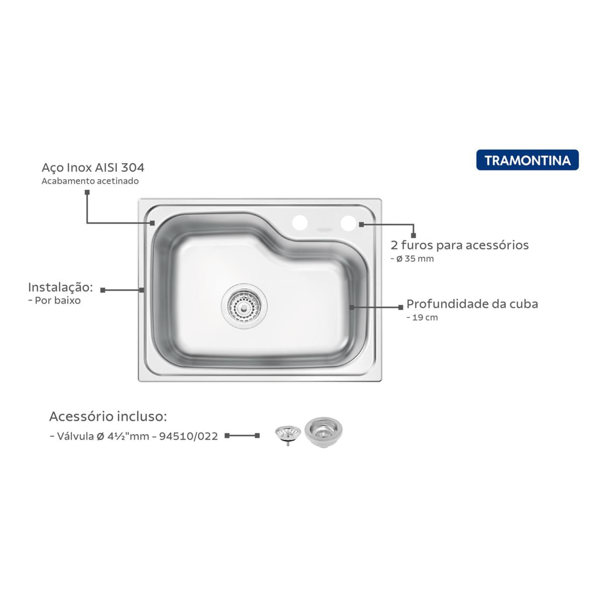 Cuba de Embutir Tramontina Morgana Compact 48 FX Undermount em Aço Inox Acetinado 55 x 42 cm com válvula
