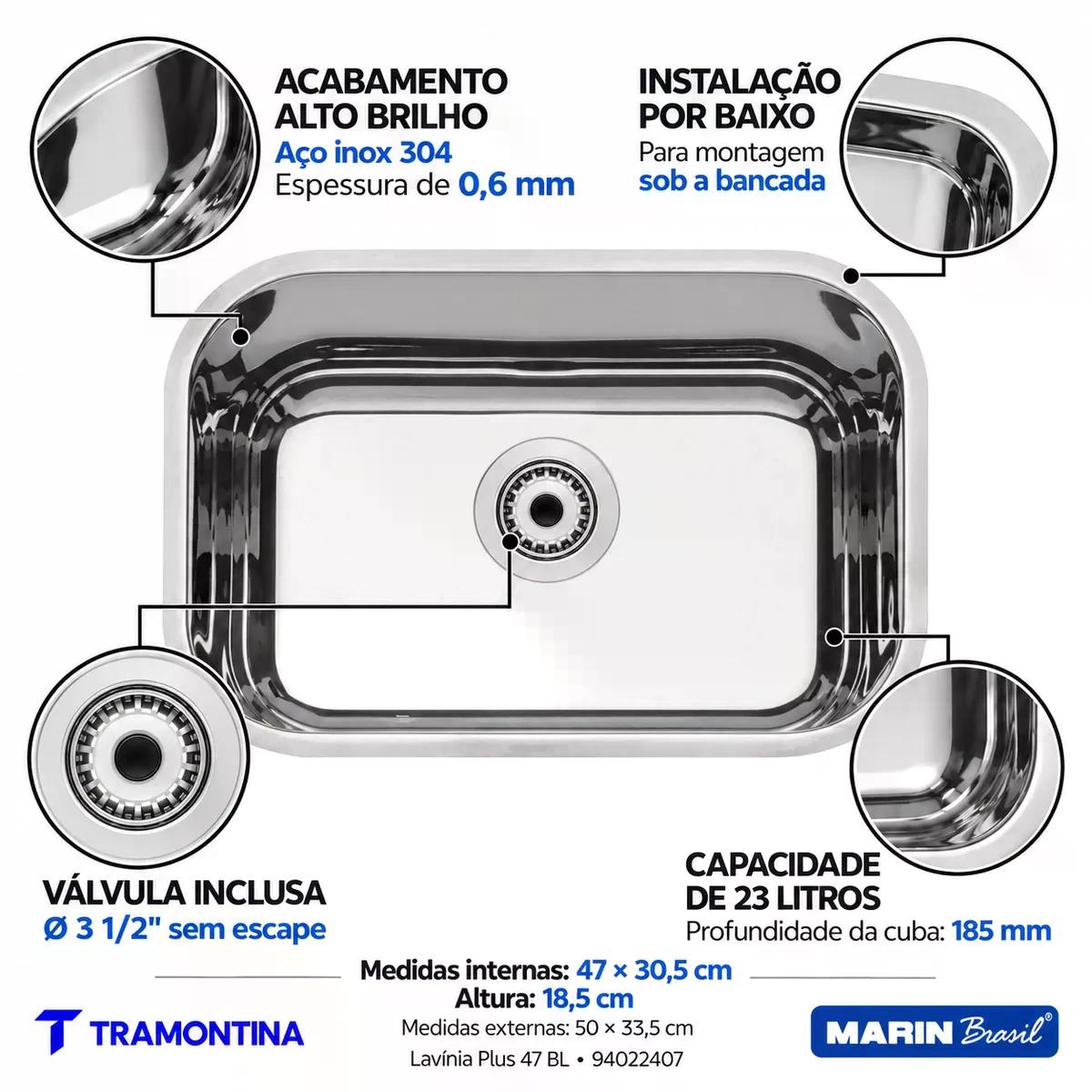 Cuba Tramontina Lavínia Plus 47 BL Inox Alto Brilho 47 x 30,5 cm Válvula 3 1/2 pol