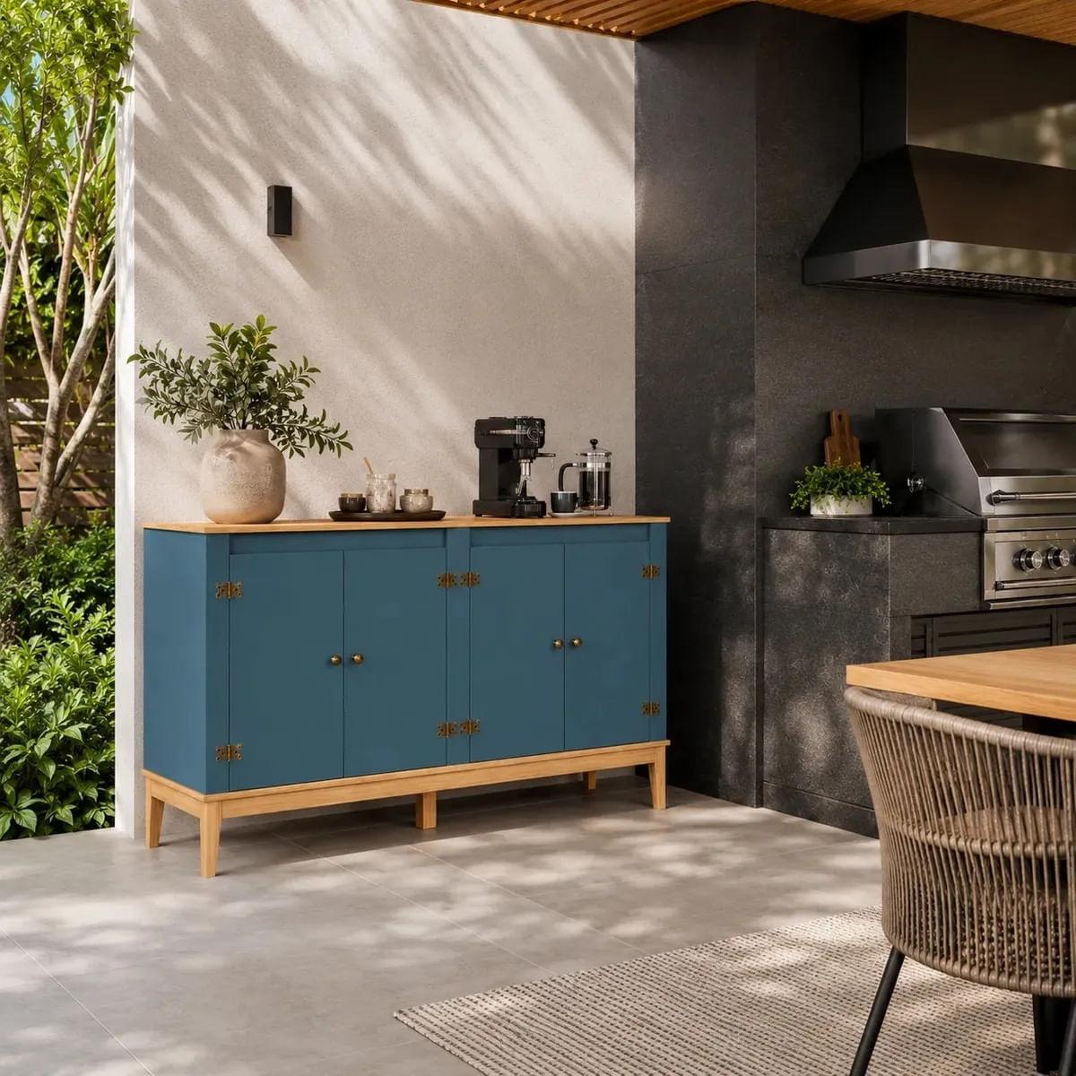 Aparador Colonial 149cm Azul Petróleo 4 Portas Movelbento