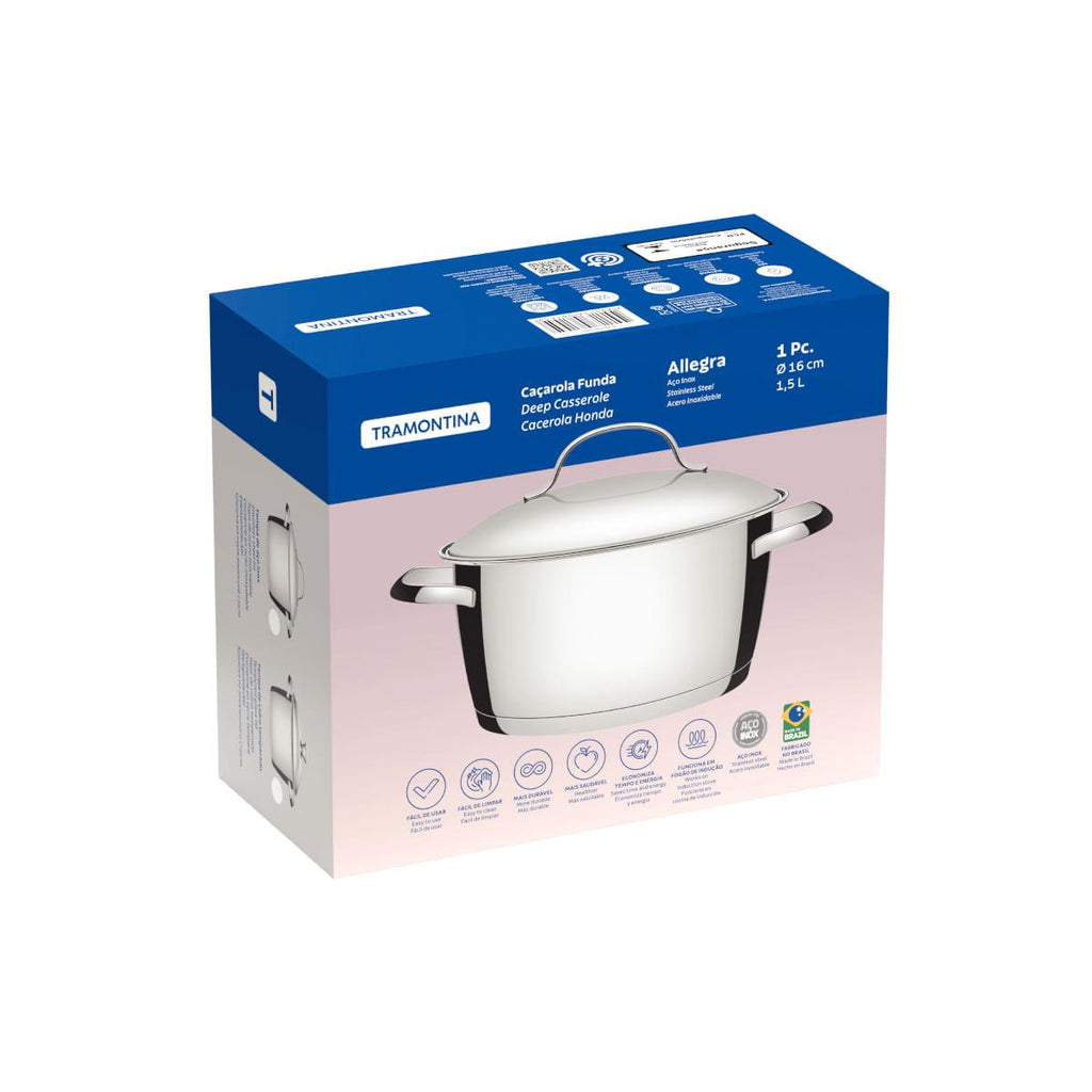 Caçarola Funda Tramontina Allegra Aço Inox Fundo Triplo 16 cm 1,5 L