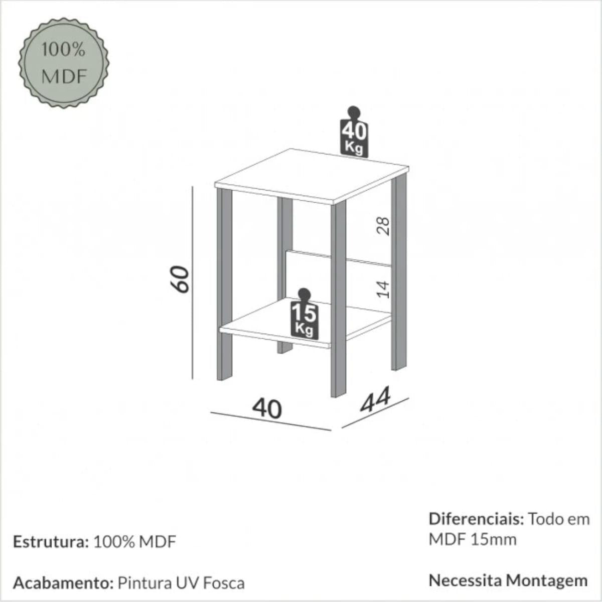 Mesa Auxiliar em MDF 40x44x60 cm Branco Freijó Dalla Costa F14