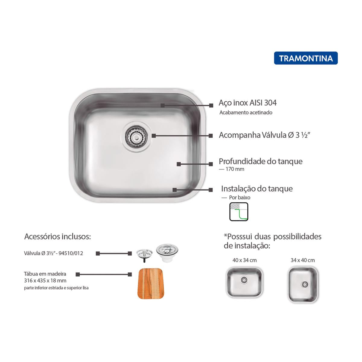 Tanque de Embutir Tramontina Compact 20 Litros em Aço Inox Acetinado 40 x 34 cm