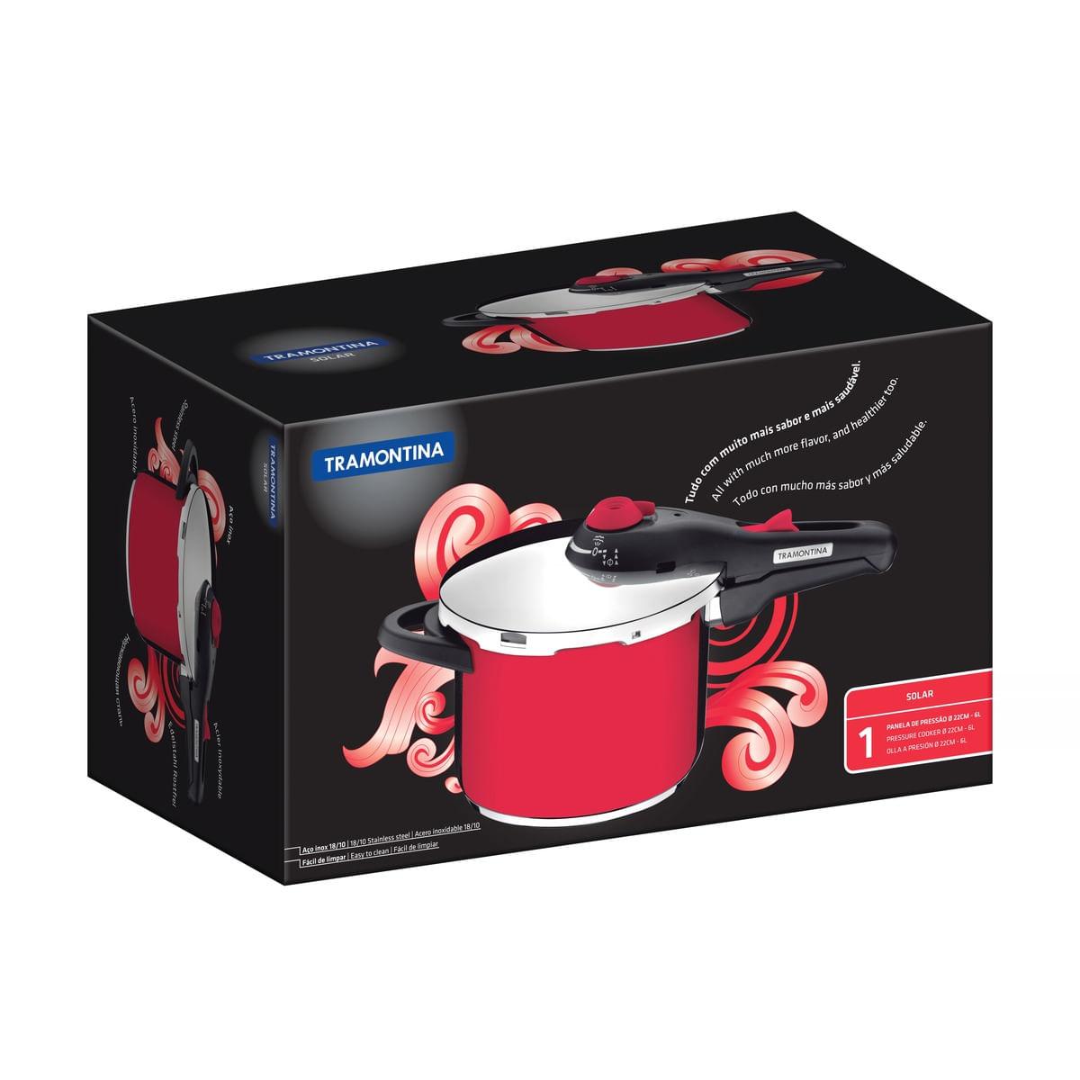 Panela de Pressão Tramontina Solar Vermelha em Aço Inox Fundo Triplo 22 cm 6 Litros