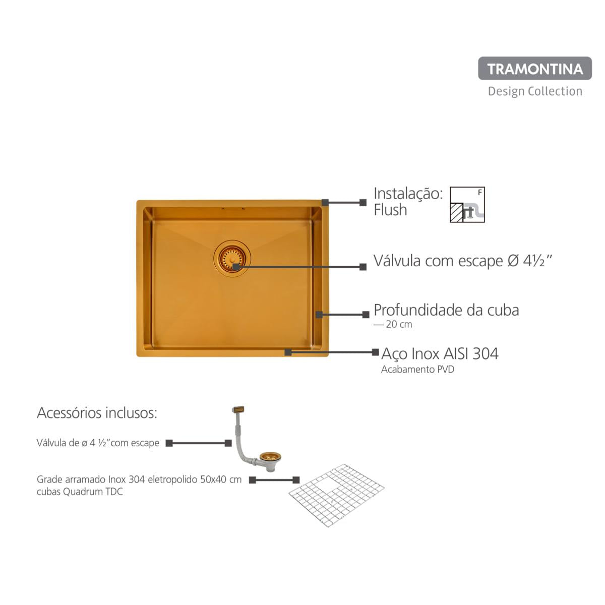 Cuba Tramontina Quadrum 50 em Aço Inox com Revestimento PVD Gold 50 x 40 cm OUTLET