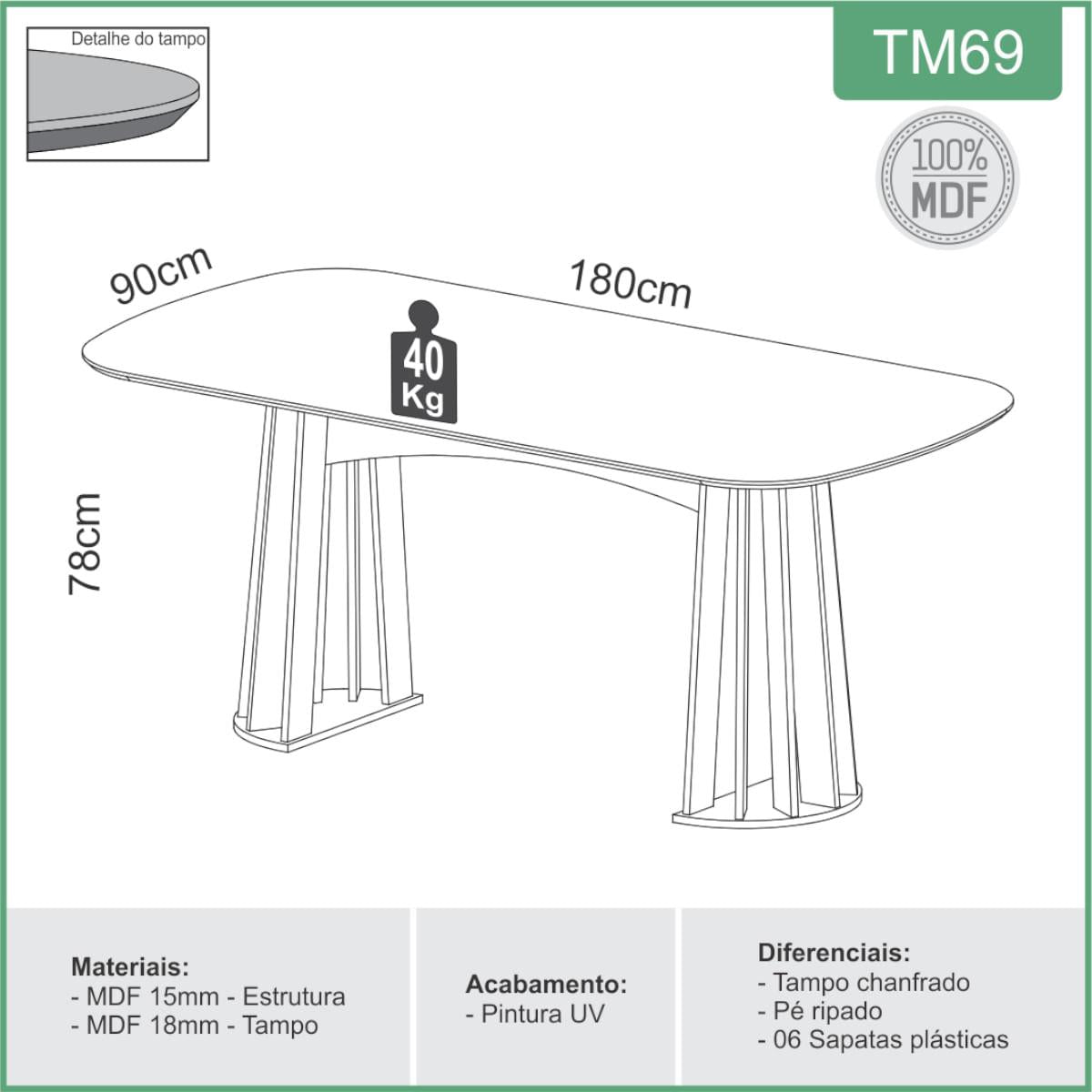 Mesa Oval Ripada 180cm 6 Lugares Off White Brilho/Freijó Dalla Costa TM69