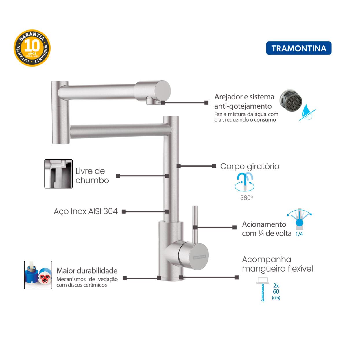 Misturador Monocomando Articulado Tramontina Flexion em Aço Inox e Acabamento Scotch Brite