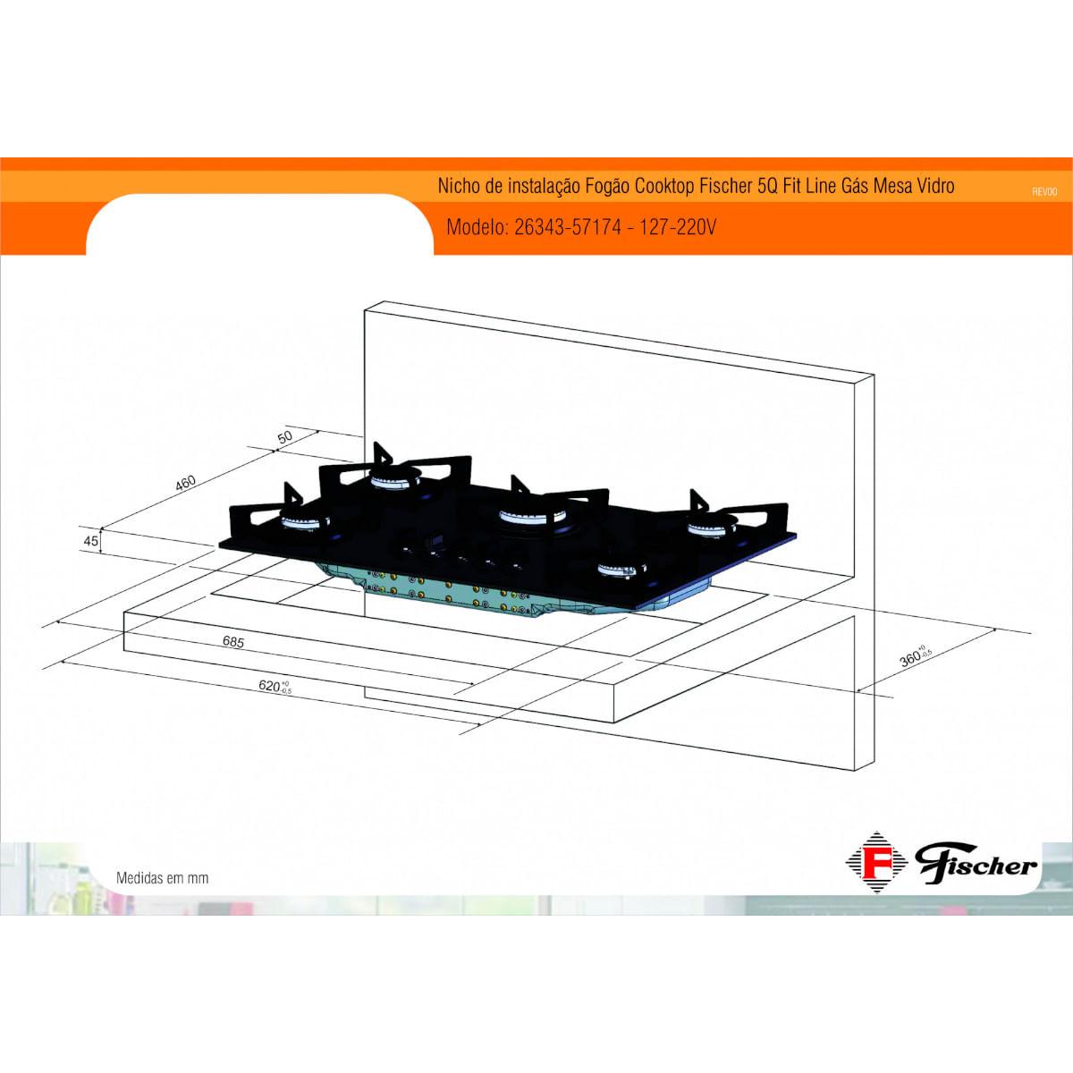 Fogão Cooktop Fischer 5Q Fit Line Gás Mesa Vidro