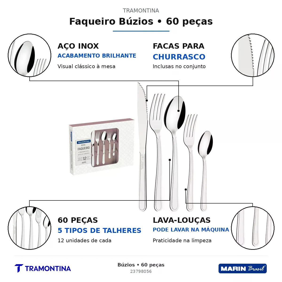 Faqueiro Tramontina Búzios Aço Inox com Facas para Churrasco 60 Peças