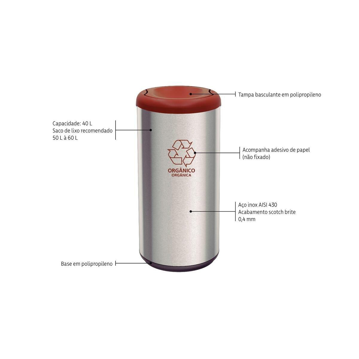Lixeira Inox Tramontina Piemonte 40 Litros Acetinado Tampa Basculante Marrom