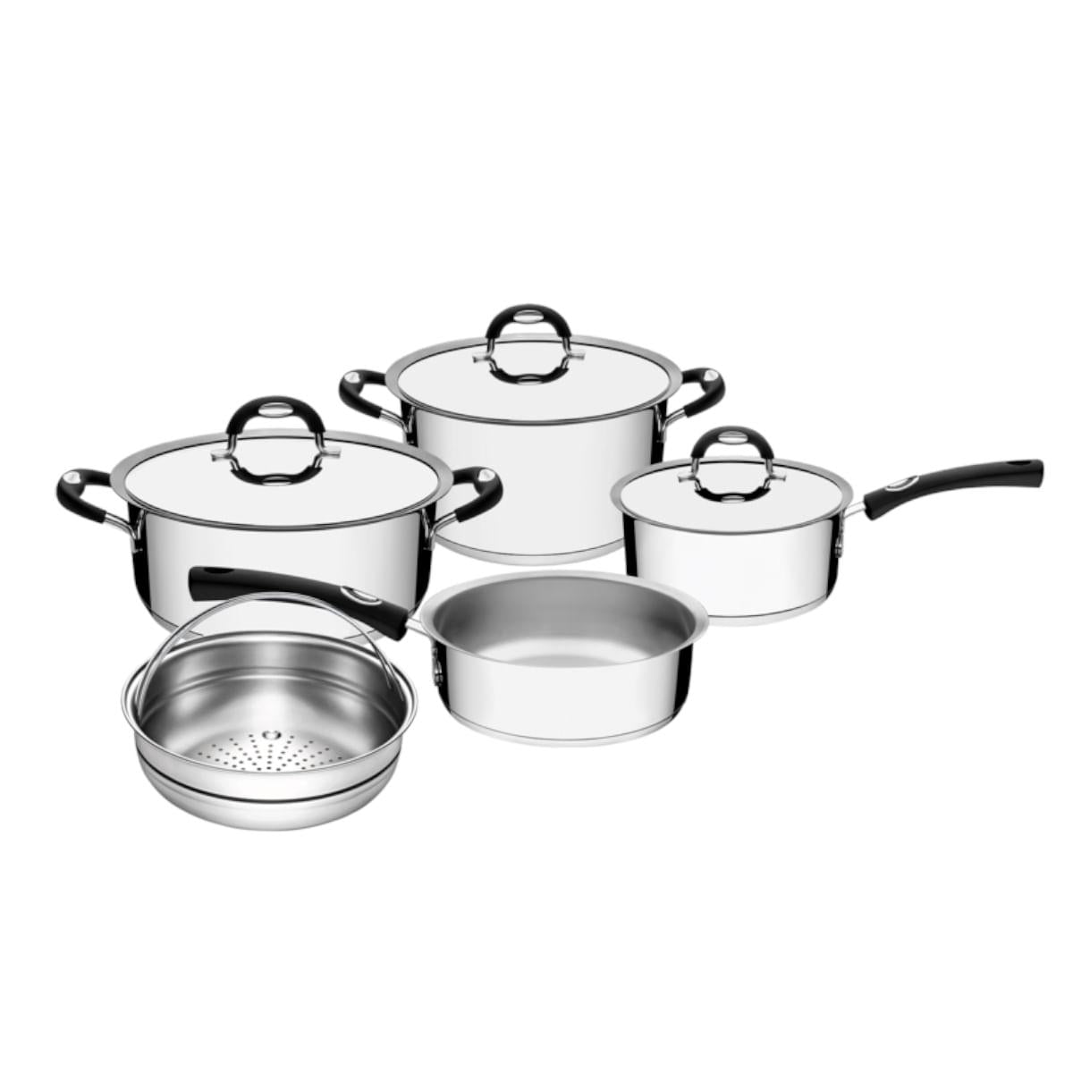 Jogo de Panelas Tramontina 5 Peças Duo Silicone em Aço Inox Fundo Triplo com Cabos e Alças de Silicone
