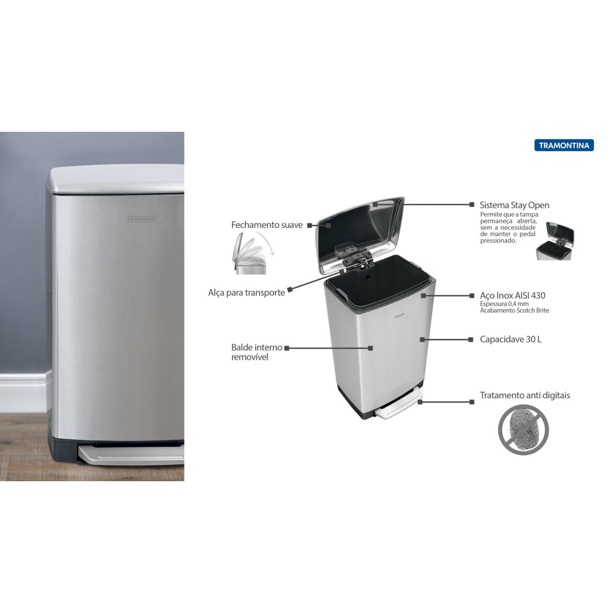 Lixeira Inox com Pedal Tramontina D Slim 30 L com Acabamento Scotch Brite e Balde Interno Removível OUTLET 94900478