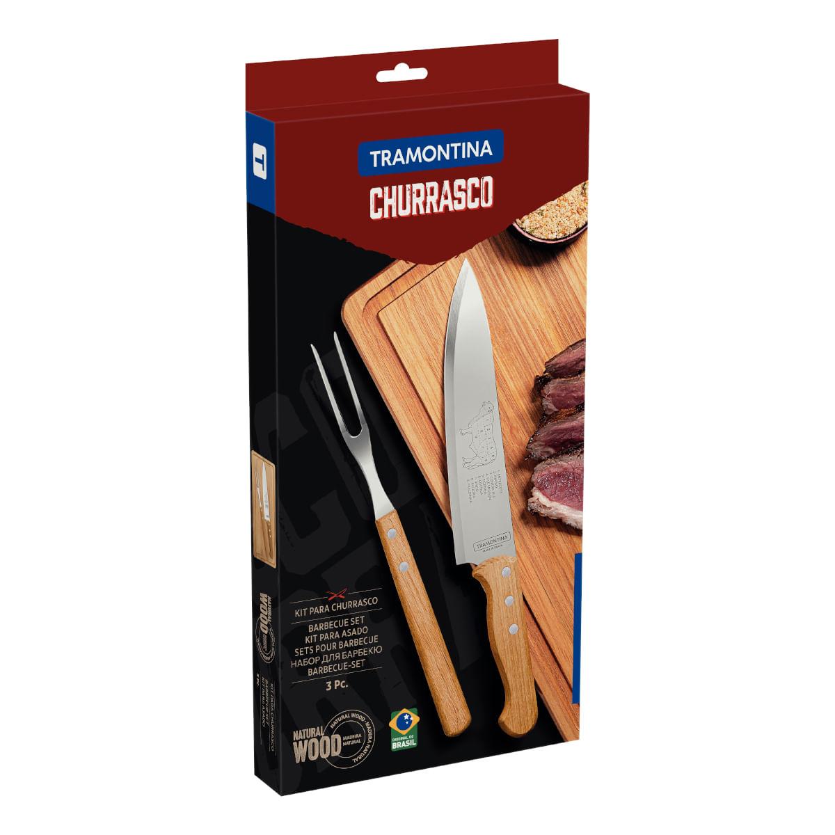 Kit para Churrasco Tramontina Aço Inox Cabo de Madeira Natural com Tábua de Madeira 3 Peças