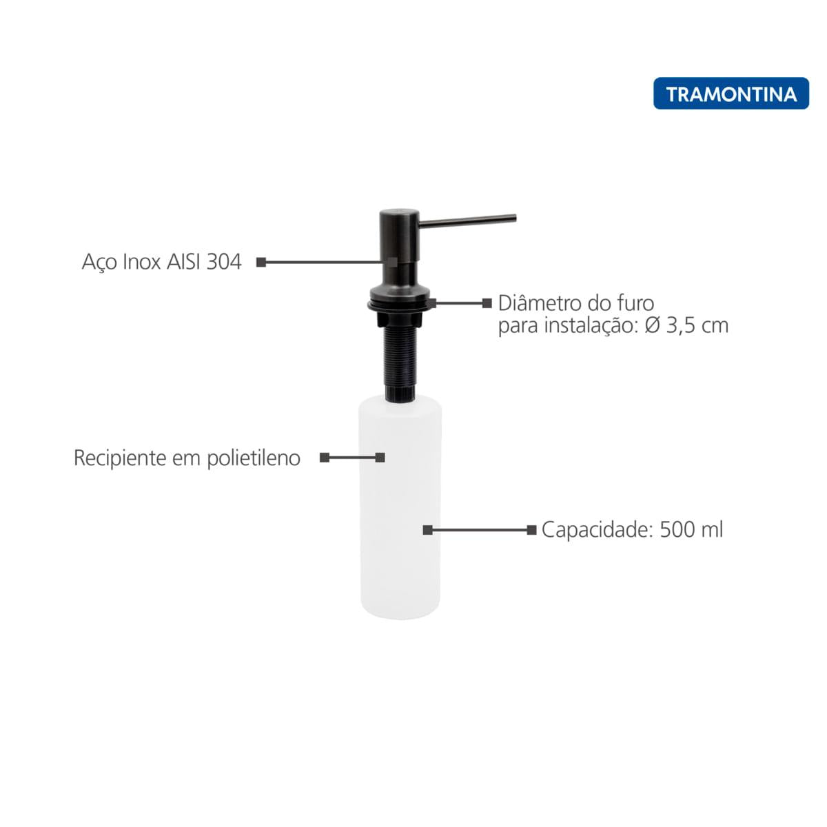 Dosador de Sabão Tramontina em Aço inox Black com Recipiente Plástico 500 ml com Revestimento PVD