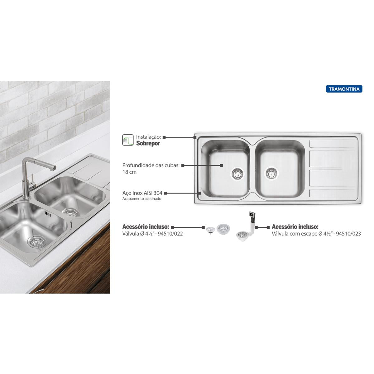 Cuba de Sobrepor Tramontina Marea 2 Cubas em Aço Inox Acetinado 116 x 50 cm com Válvula OUTLET 94900119