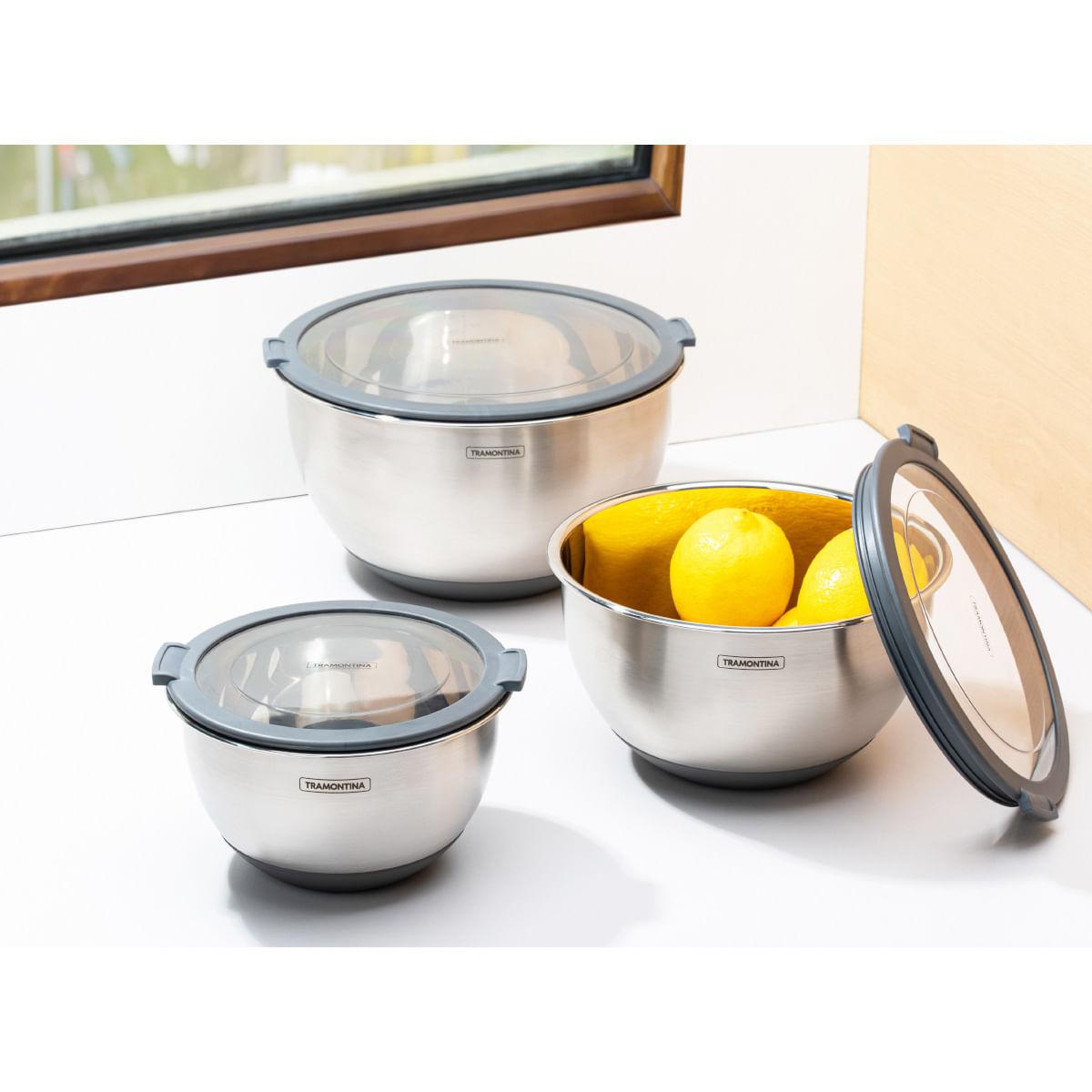Conjunto de 3 Bowls Tramontina Cucina em Aço Inox com Tampa