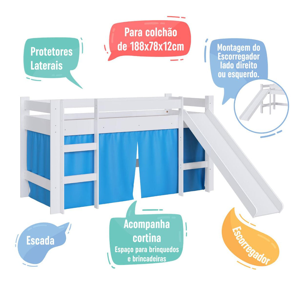 Cama Infantil Elevada com Escorregador Branco e Cortina Azul Completa Móveis
