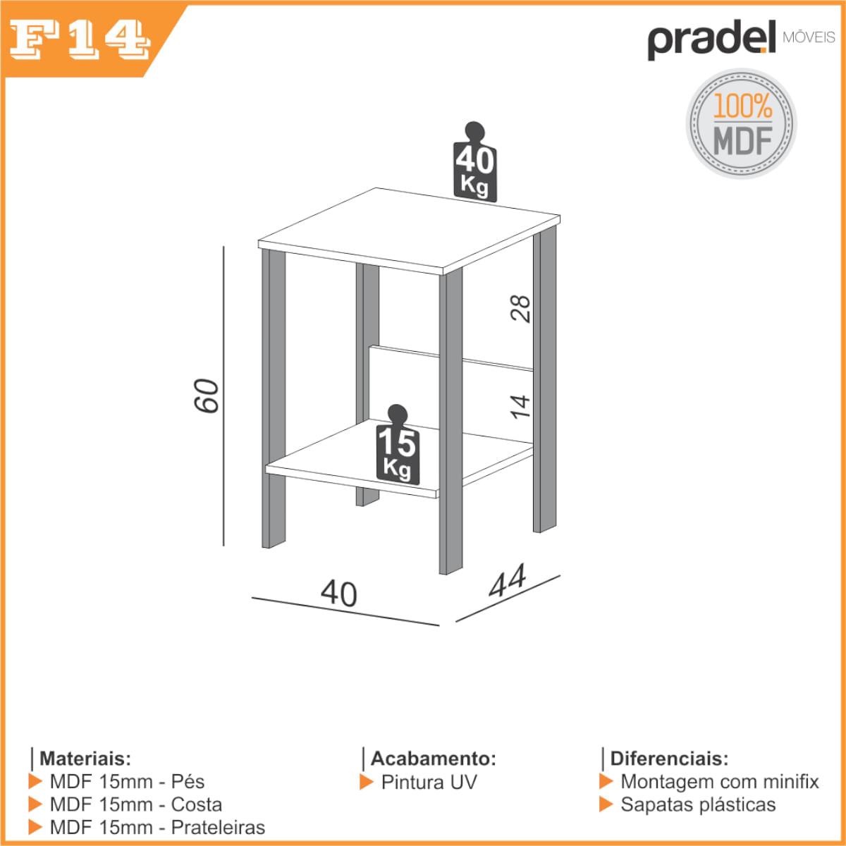 Mesa Auxiliar em MDF 40 x 44 x 60 cm Freijó/Preto Fosco Dalla Costa F14