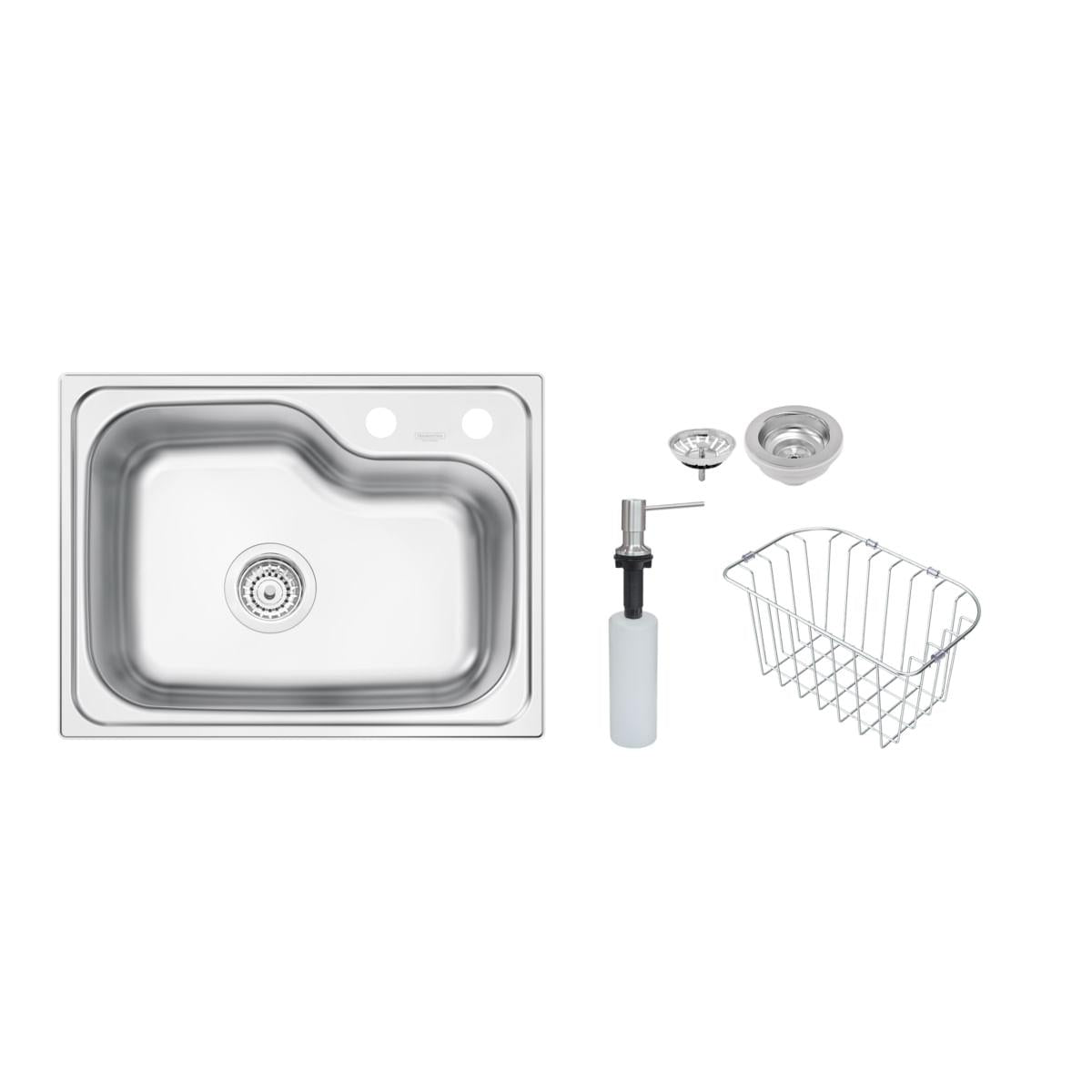 Cuba de Sobrepor Tramontina Morgana Compact 48 FX em Aço Inox Acetinado 55 x 42 cm com válvula, Dosador de Sabão e Cesto aramado