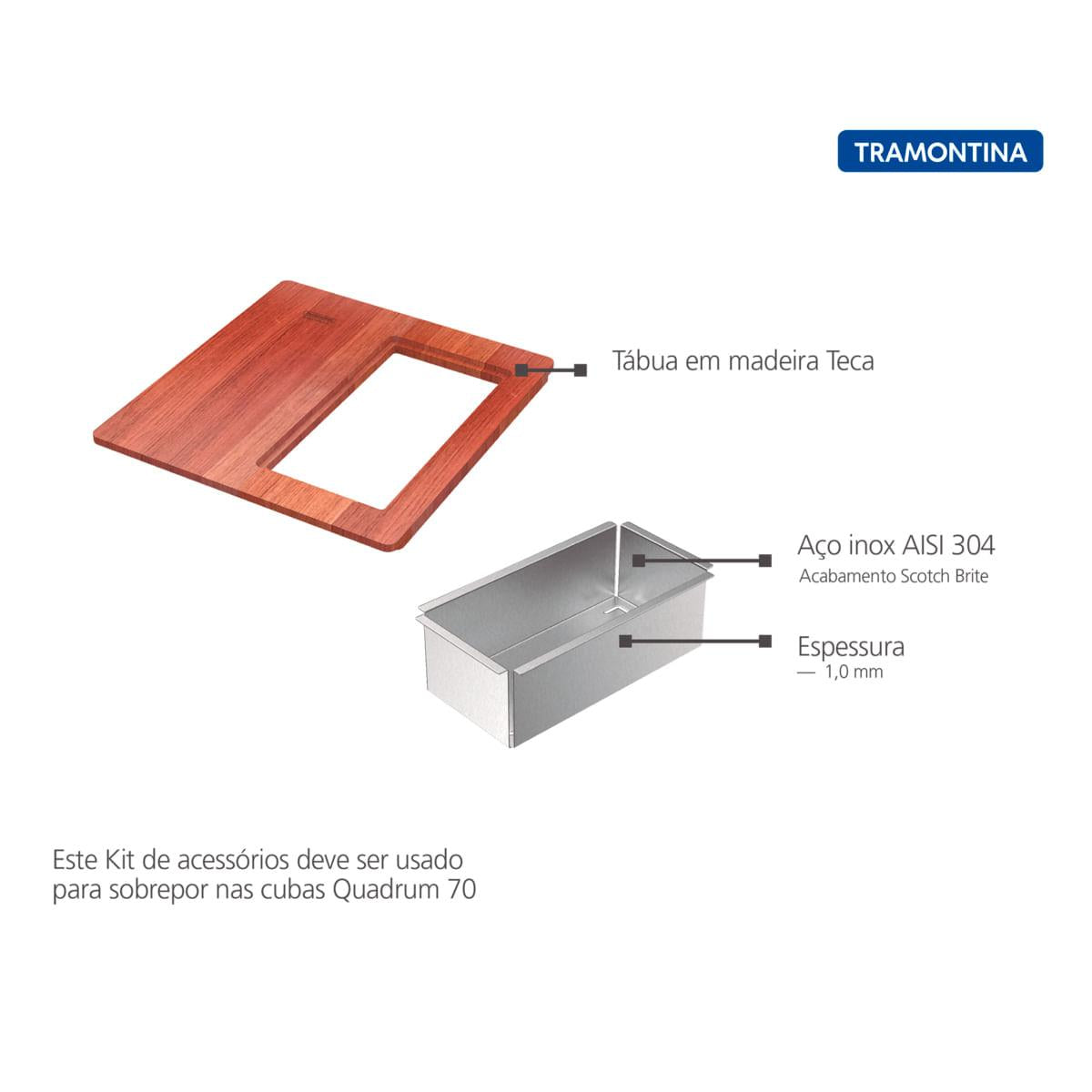 Kit para Cubas Quadrum Tramontina com Tábua em Madeira 42 x 40 cm e Cesto Coador em Aço Inox Scotch Brite