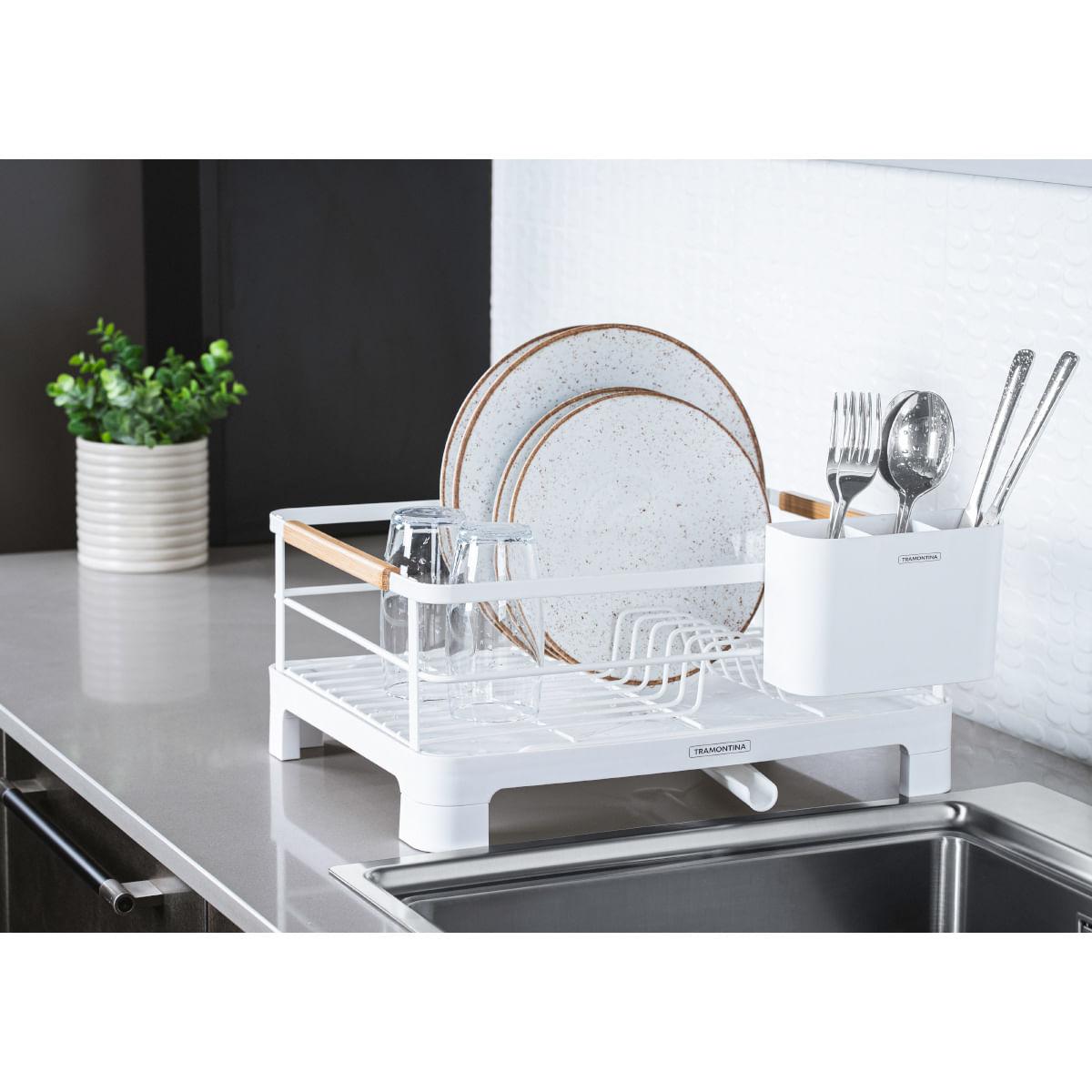 Escorredor de Louça Tramontina Plurale em Aço Inox Branco Alças Bambu