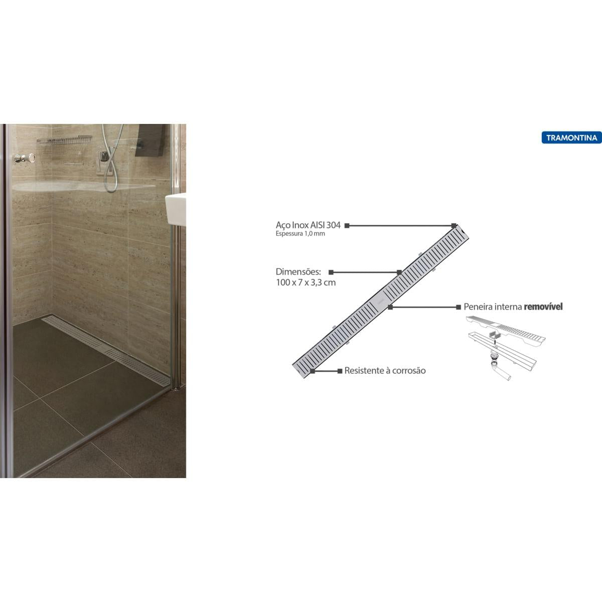 Ralo Slim Tramontina em Aço Inox 100 x 7 cm