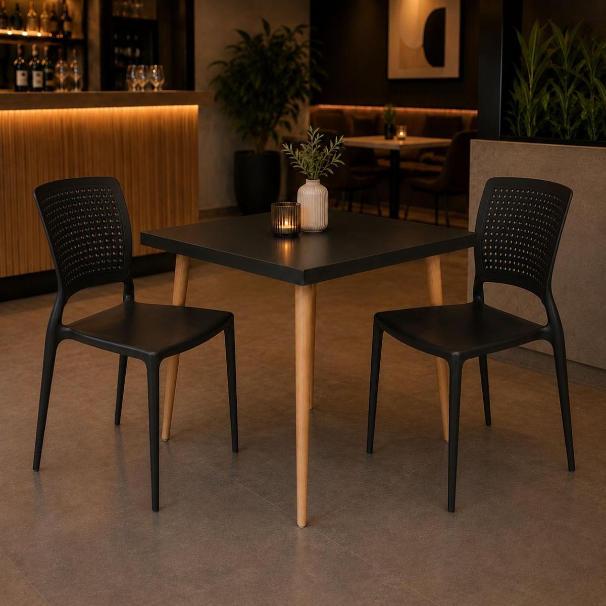 Mesa Safira Quadrada 70 cm com Tampo em MDF Preto e Pés de Madeira Natural