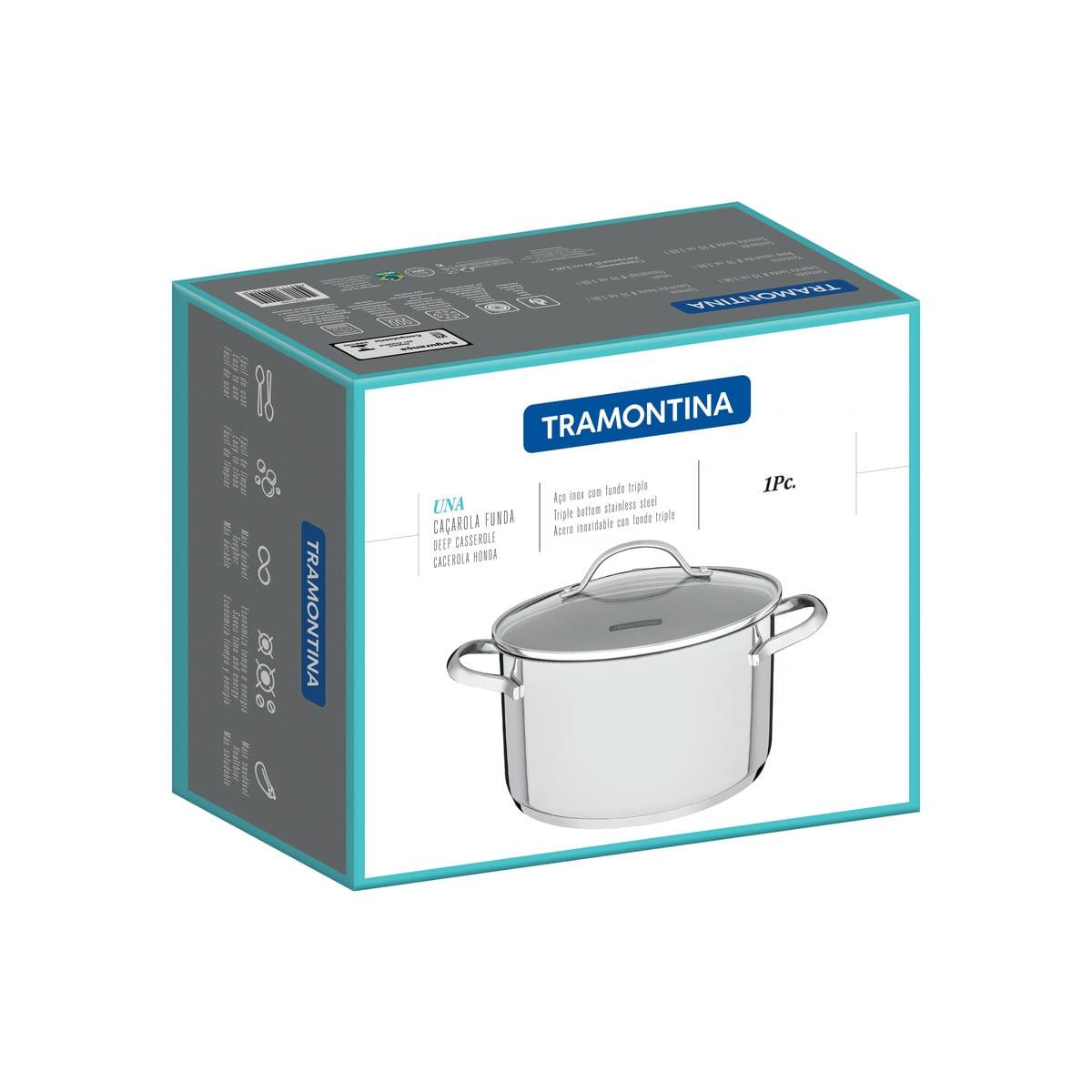 Caçarola Funda Tramontina Una em Aço Inox com Fundo Triplo e Tampa de Vidro 24 cm 6,1 L