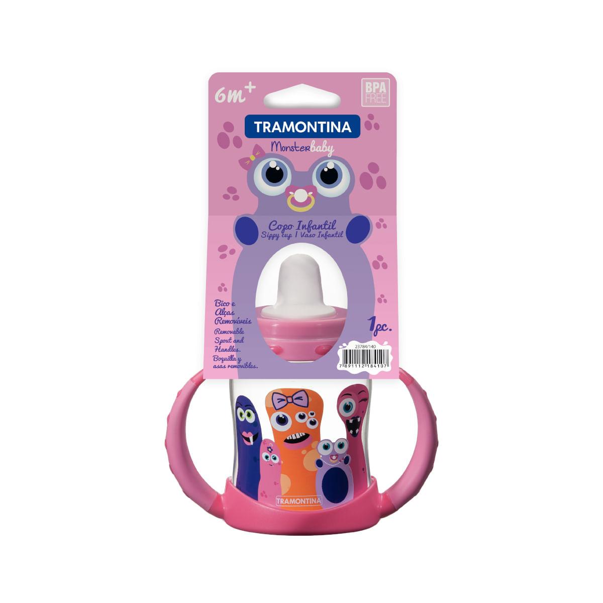 Copo Infantil Tramontina Monsterbaby em Polipropileno com Bico de Silicone Rosa