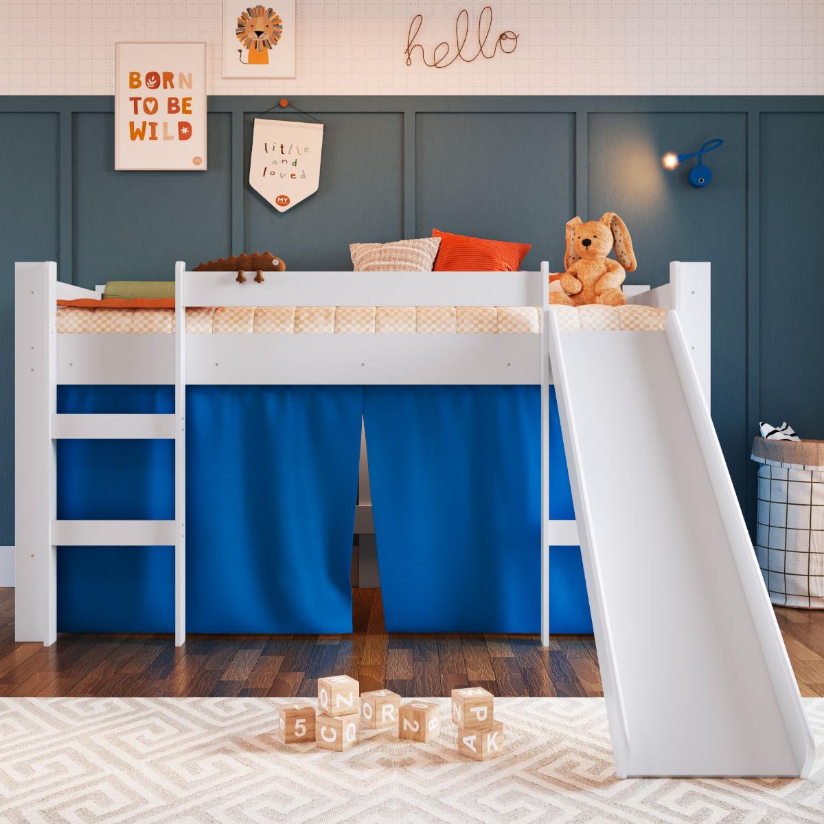 Cama Infantil Elevada com Escorregador Branco e Cortina Azul Completa Móveis