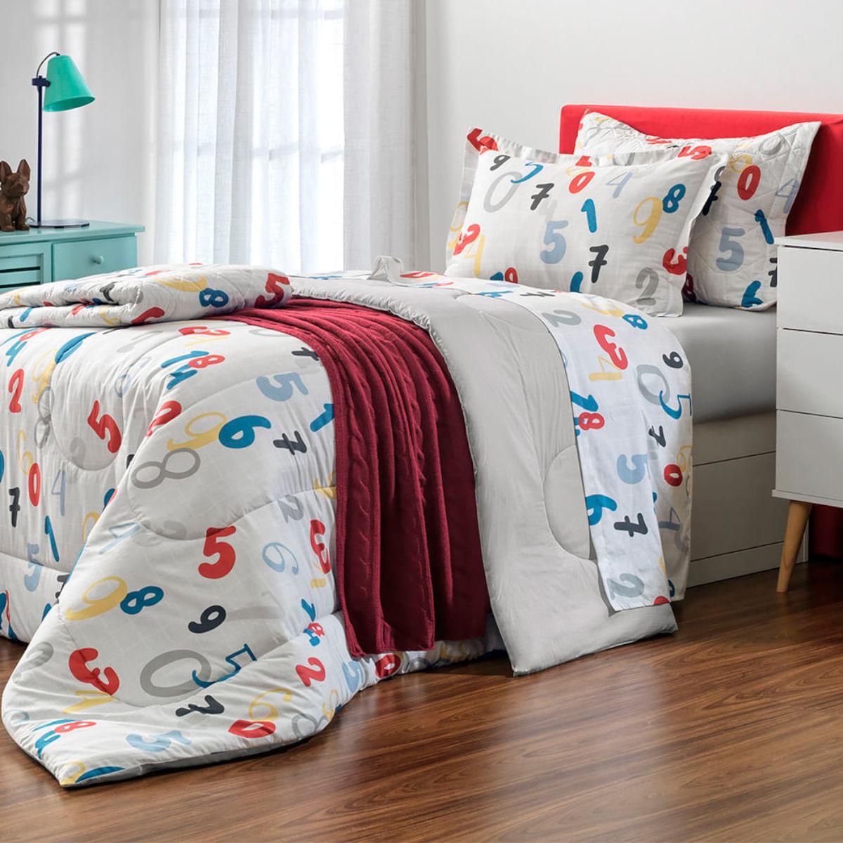Cobre Leito Infantil Casal Karsten 180 fios Percal 100% Algodão com 2 Porta Travesseiros Números Estampado