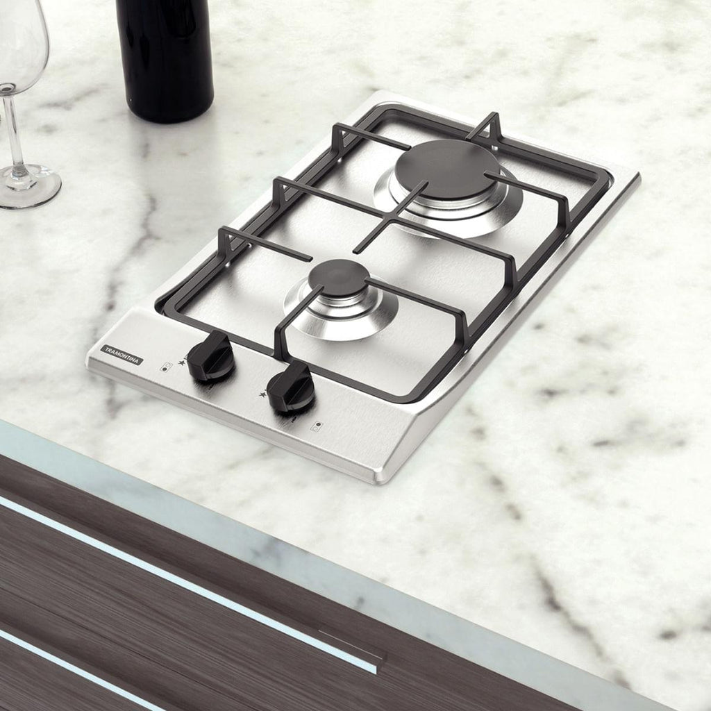 Cooktop a Gás Tramontina Dominó FF 2GX 30 em Aço Inox com Trempes em Ferro Fundido 2 Queimadores