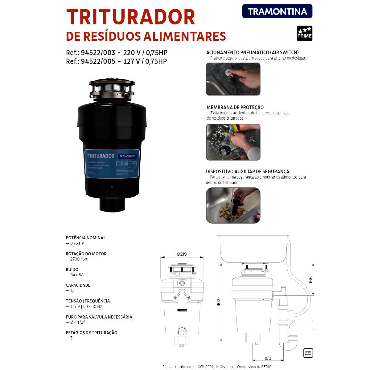 Triturador de Resíduos Alimentares Tramontina com Potência de 0,75 HP 127 V