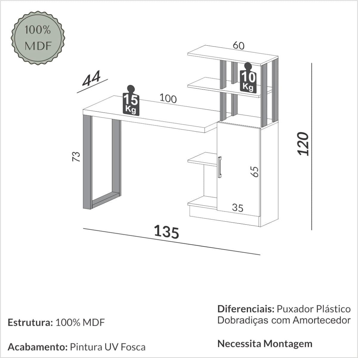 Escrivaninha em MDF 5 Prateleiras 1 Porta 135 cm Freijó/Preto Fosco Pradel Dalla Costa F17