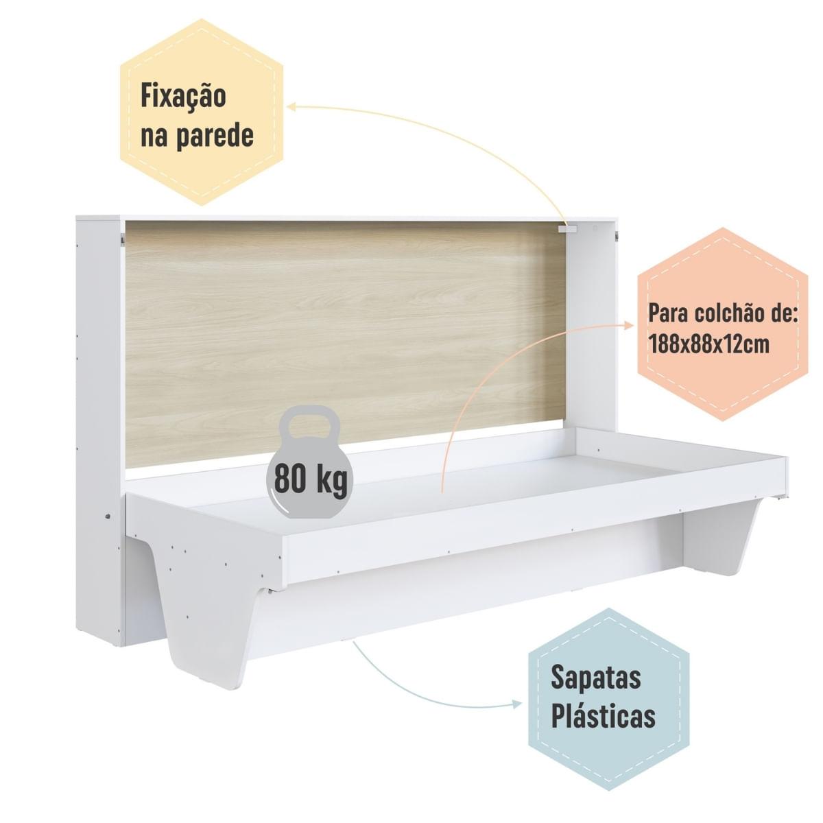 Cama Retrátil Essencial com Escrivaninha Branca e Carvalho Completa Móveis