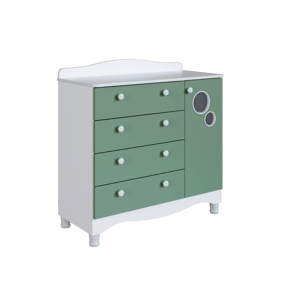 Cômoda Infantil 4 Gavetas 1 Porta Encanto Branco e Verde Completa Móveis