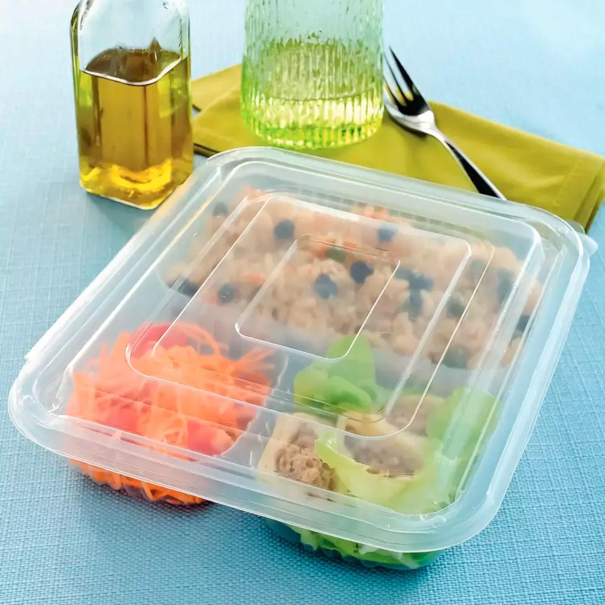 100un Bandeja Refeição com 3 Divisórias 810ml G323 Transparente Freezer Microondas Galvanotek