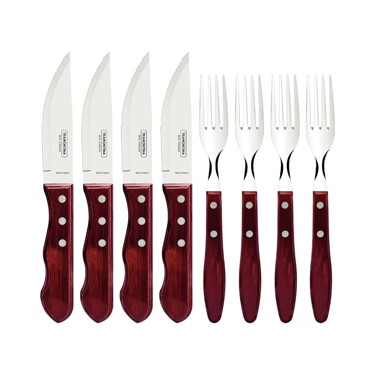 Jogo de Talheres para Churrasco Jumbo Tramontina Aço Inox e Cabos de Madeira Polywood Vermelho 8 Peças